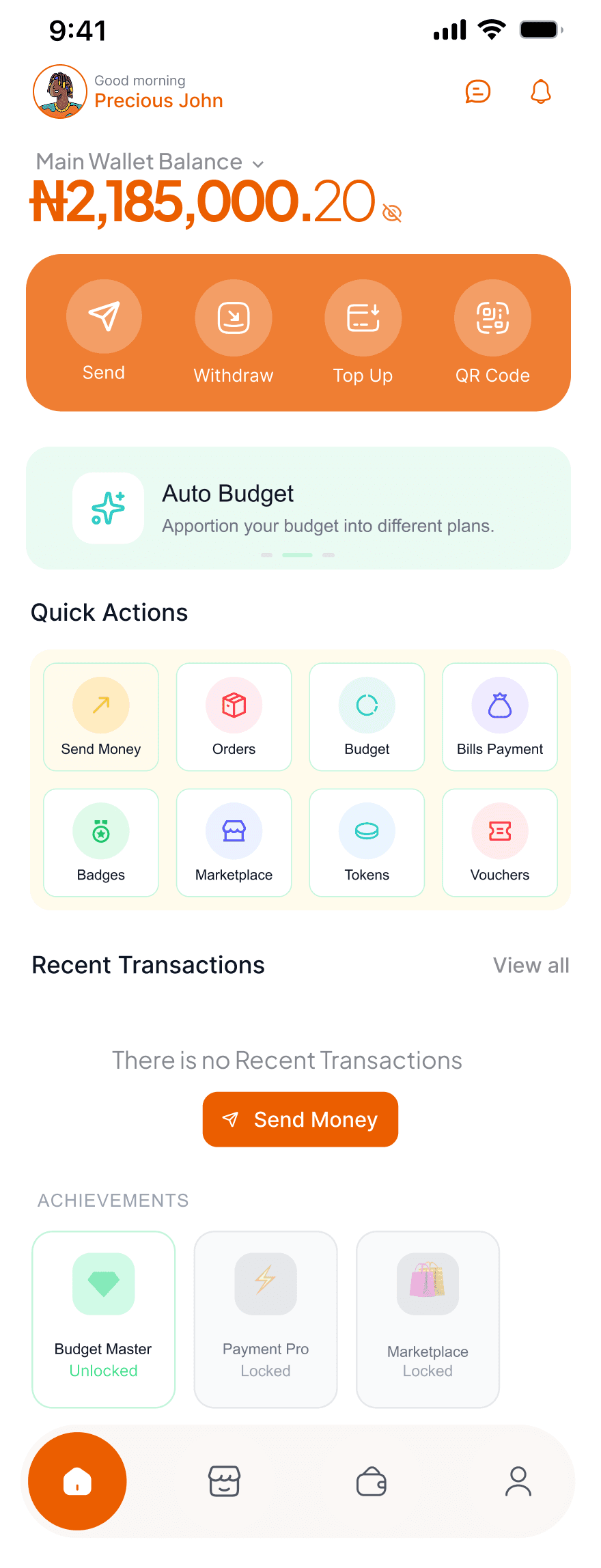 The EnergyWallet home screen: balance, quick actions, and budgeting