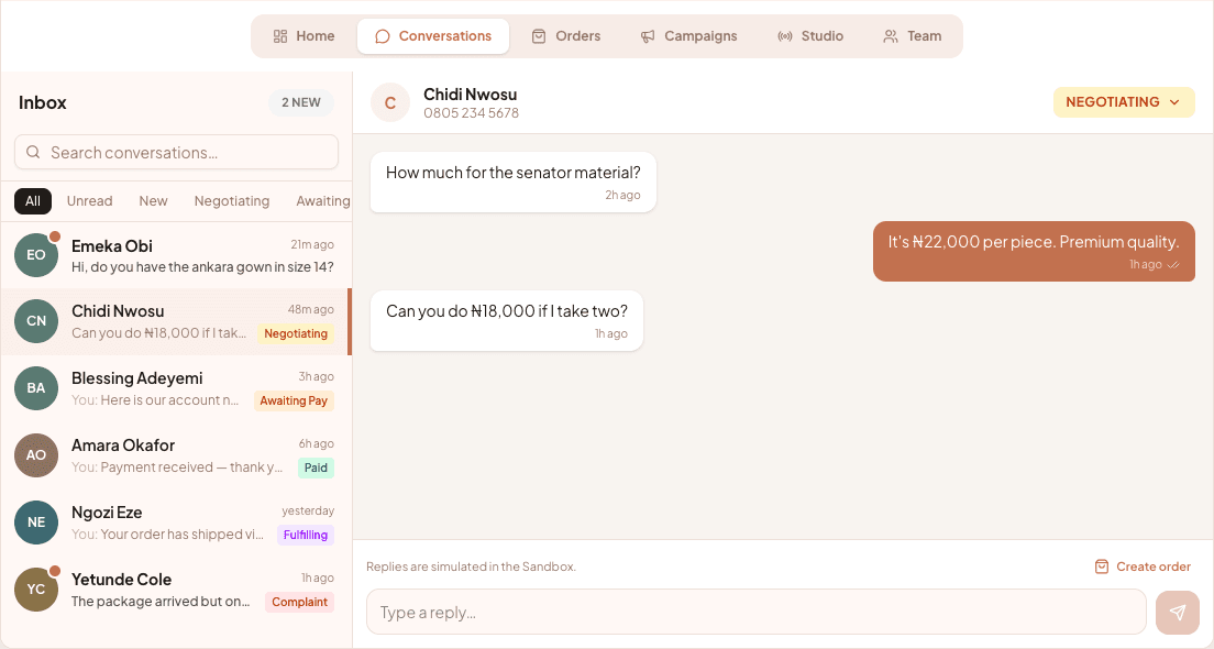 The MessageBench inbox, showing a WhatsApp order negotiation being tracked through to a created order